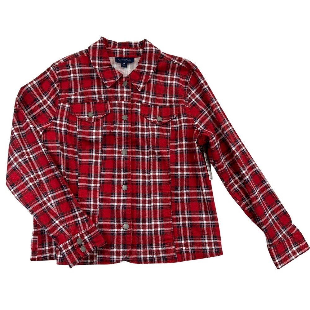 Charter Club Jacket‎ Blazer Womens XL Red Plaid Button Front Long Sleeve